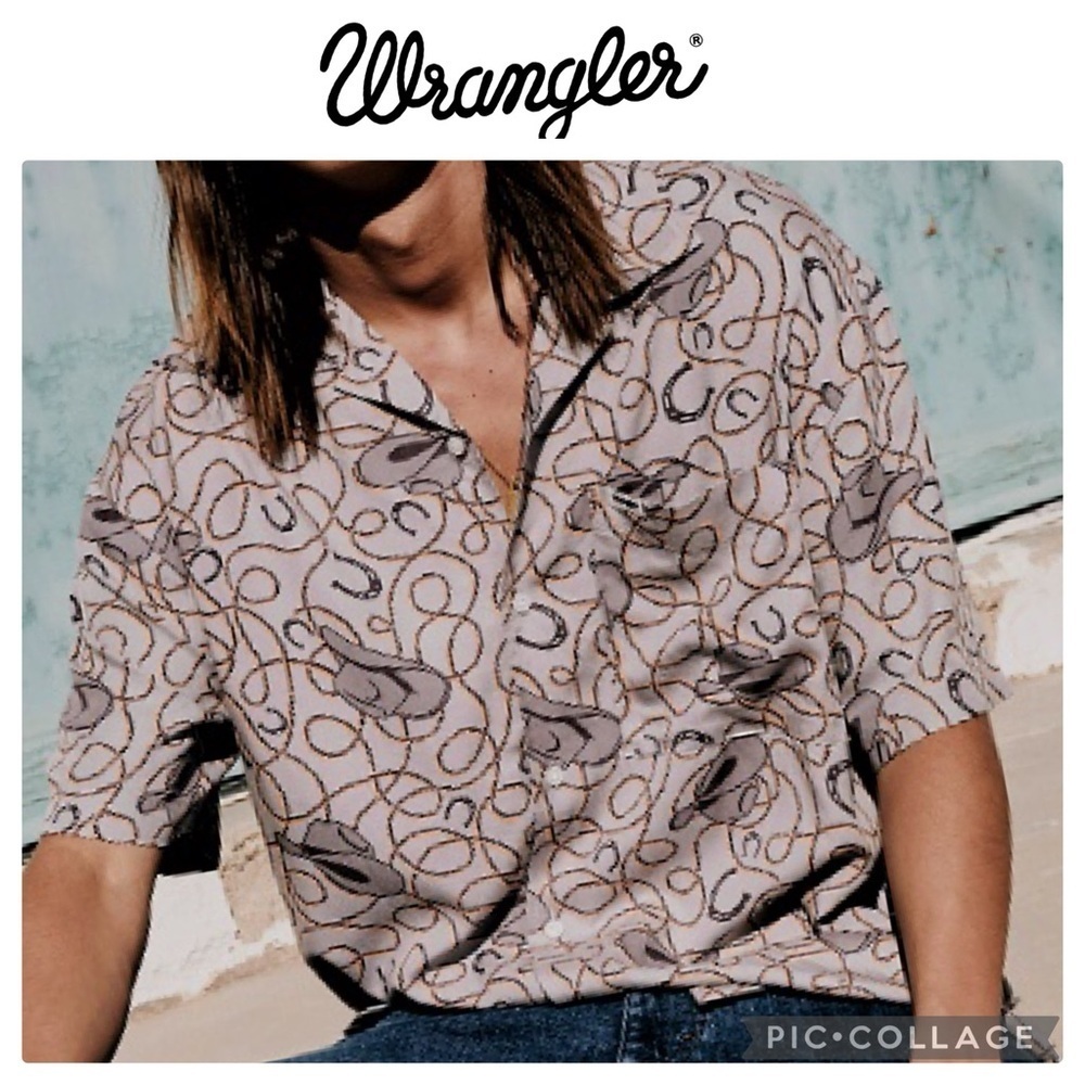 Wrangler men western cowboy hat rope print short sleeve shirt size L NWT